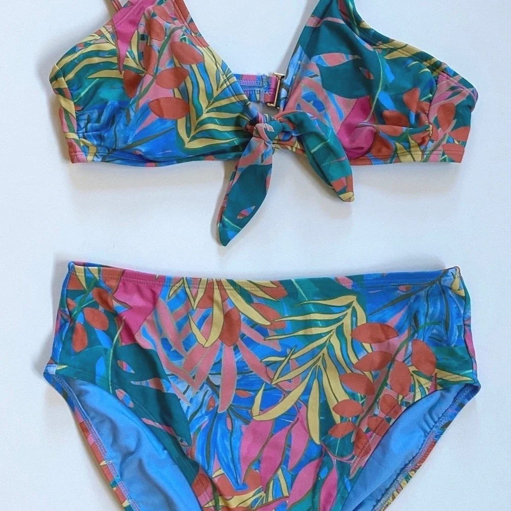 Kona Sol Womens Tropical Leaf Bikini Set Blue Pink Tie Front Top L‎ Bottom M